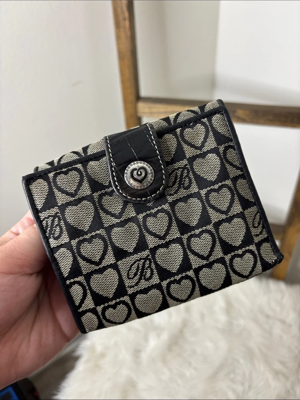 Brighton Signature Hearts Snap Wallet Leather Trim Black